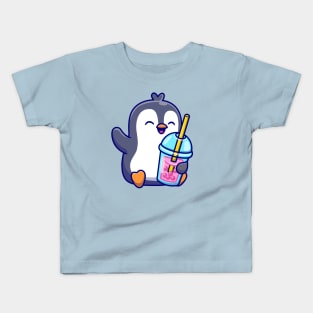 Cute Penguin Drinking Milk Tea Boba Kids T-Shirt